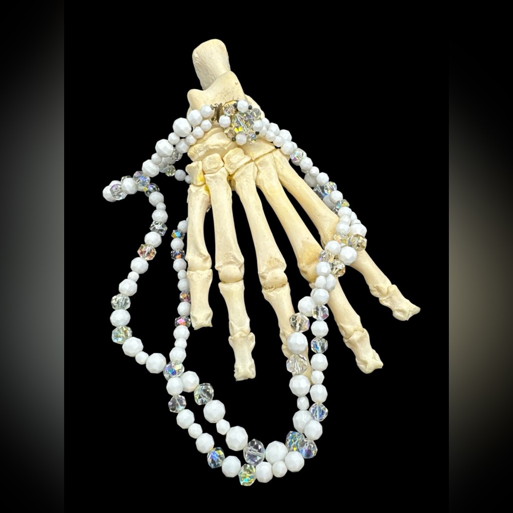 Vintage 60s AB Aurora Borealis Crystal and Milk glass Double Strand Necklace 22”